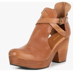 Brown Platform Round Toe Cutout Strap Buckle Cork Block High Heels Ankle Boots